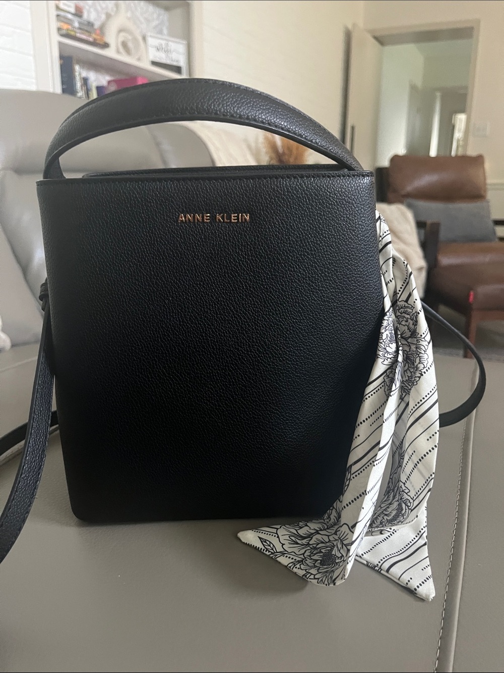 Anne Klein Black Leather Bucket Shoulder Bag with Floral Scarf